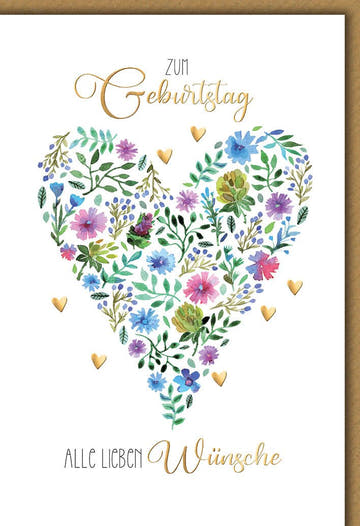 Geburtstagskarte Blumen – Herz aus bunten Blüten mit goldenen Akzenten und Schriftzug