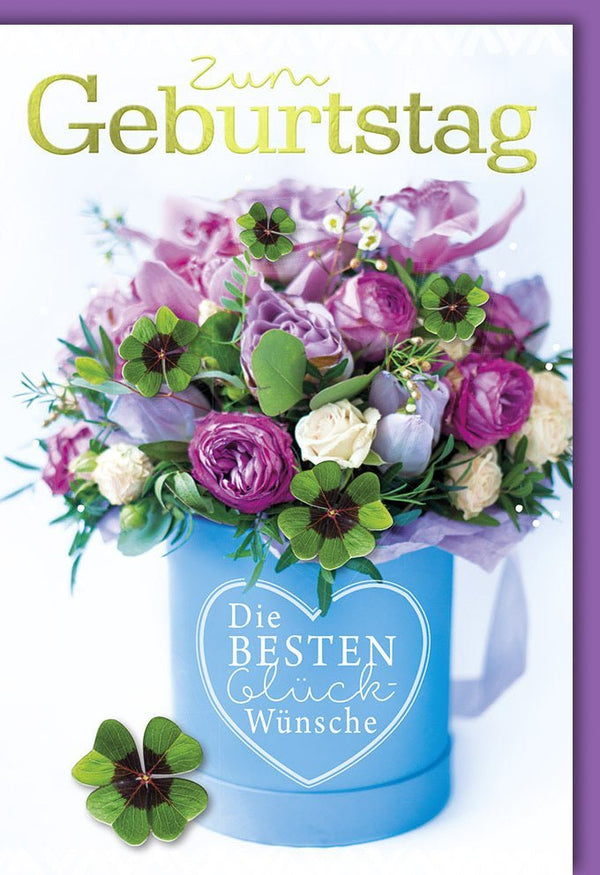 Geburtstagskarte Blumen & Kleeblätter - Elegante Violette Glückwunschkarte mit Spruch für besondere Anlässe