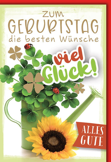 Geburtstagskarte Blumen – Kleeblätter und Gießkanne mit Sonnenblume und Marienkäfern