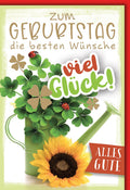Geburtstagskarte Blumen – Kleeblätter und Gießkanne mit Sonnenblume und Marienkäfern
