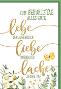 Geburtstagskarte Blumen – Lebe Liebe Lache mit Schmetterling und Naturmotiv