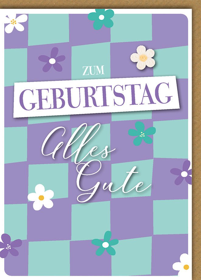 Geburtstagskarte Blumen – Lila und Türkis mit Karomuster und verspielten Blüten
