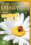 Geburtstagskarte Blumen – Margerite mit Marienkäfer und fröhlichem Gelbton-Design