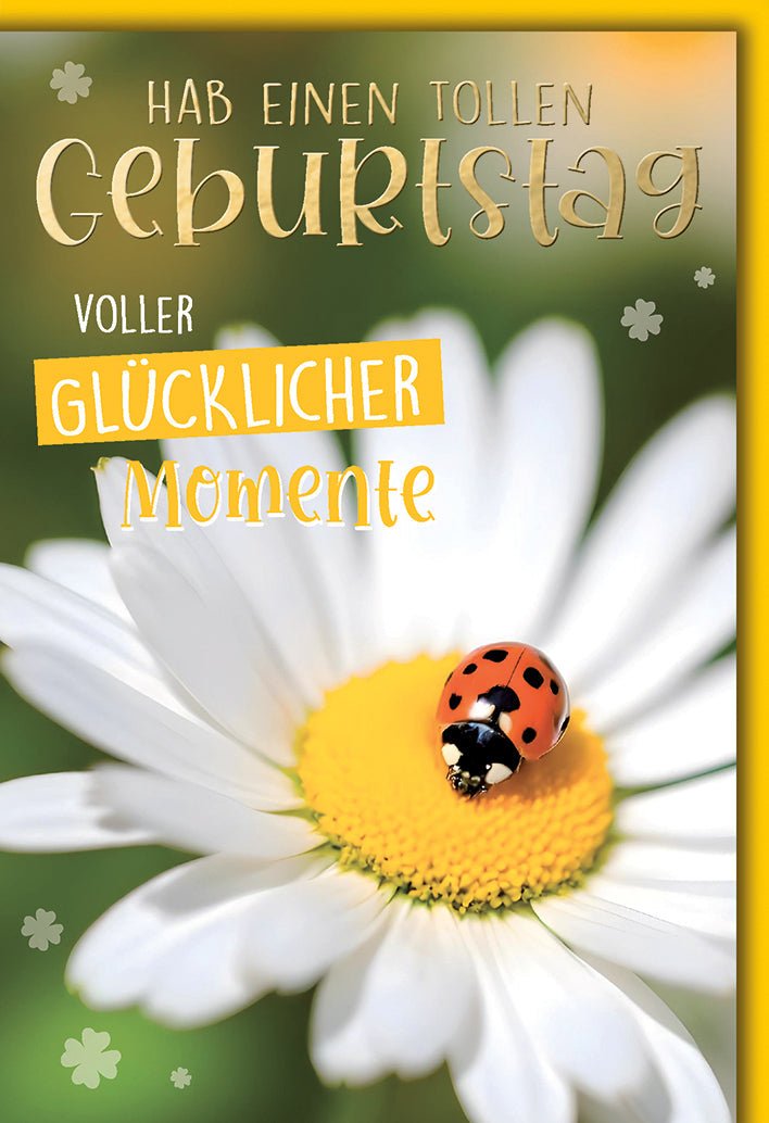 Geburtstagskarte Blumen – Margerite mit Marienkäfer und fröhlichem Gelbton - Design