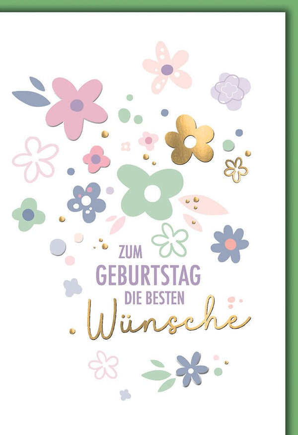 Geburtstagskarte Blumen – Pastellblüten mit Goldakzenten und modernem Schriftzug