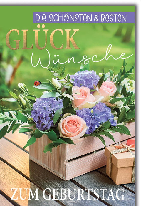 Geburtstagskarte Blumen – Rosen und Hortensien in Holzkiste mit Geschenkbox