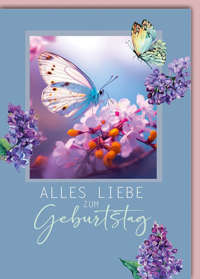 Geburtstagskarte Blumen – Schmetterlinge auf Flieder in sanften Pastelltönen