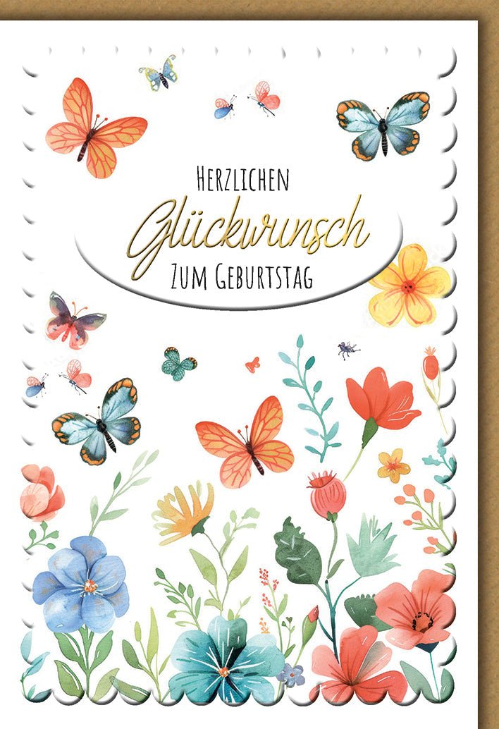 Geburtstagskarte Blumen & Schmetterlinge – Bunte Aquarellmotive mit verspieltem Design