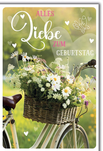 Geburtstagskarte Blumen – Vintage Fahrrad mit Korb voller Wildblumen im Sommerlicht
