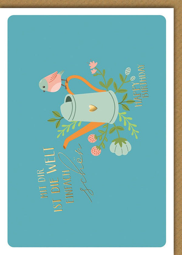 Geburtstagskarte Blumen – Vogel auf Gießkanne mit verspieltem Design in Türkis