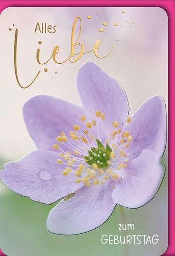 Geburtstagskarte Blumen – Zarte Anemone mit Goldschrift und Pastellfarben