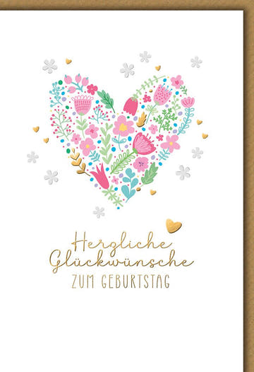 Geburtstagskarte Blumenherz – Bunte Aquarellblüten mit Goldakzenten