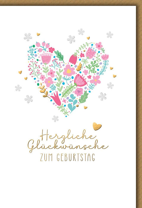 Geburtstagskarte Blumenherz – Bunte Aquarellblüten mit Goldakzenten