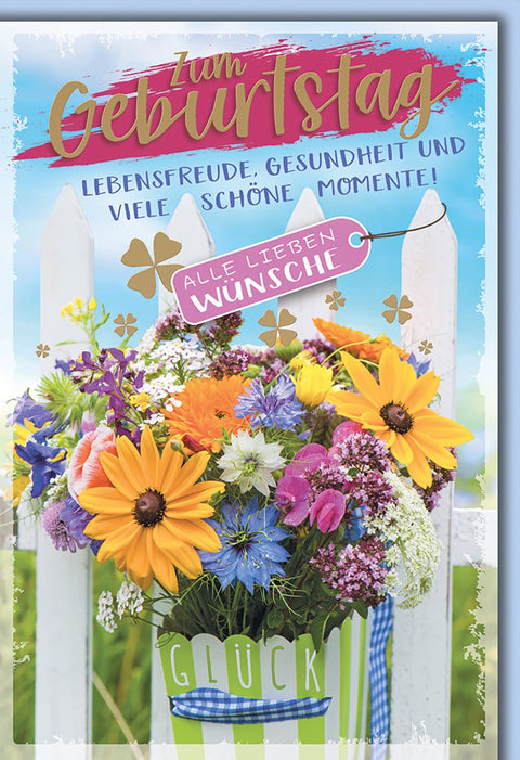 Geburtstagskarte Blumenstrauß – Bunte Sommerblumen vor weißem Lattenzaun