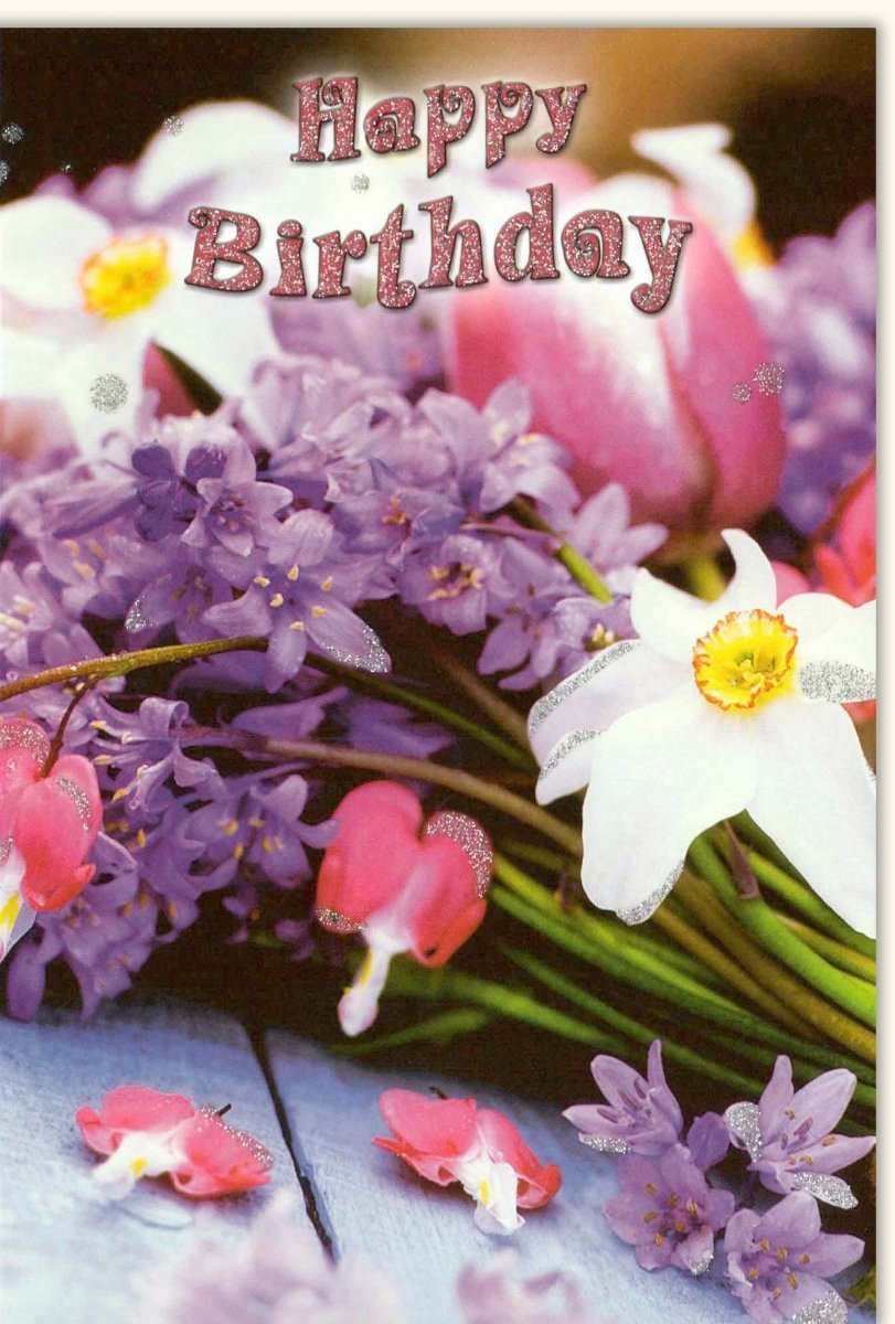 Geburtstagskarte Blumenstrauß - Elegante Happy Birthday Karte in Lila, Weiß & Rosa mit Glitzer, Floral Design für besondere Glückwünsche