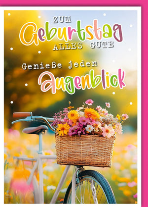 Geburtstagskarte Blumenwiese – Fahrrad mit Korb voller bunter Blumen im Retro-Stil