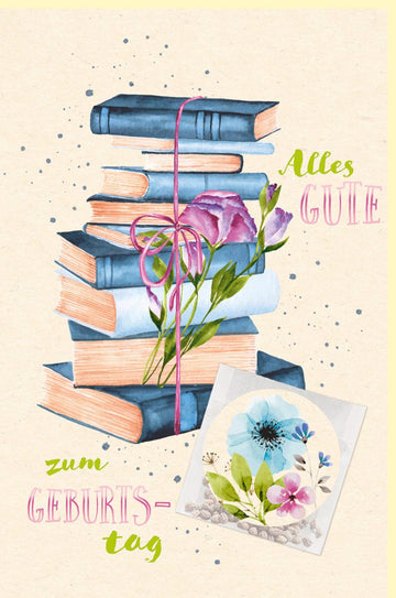 Geburtstagskarte Bücherstapel mit Blumen Aquarell Glückwunschkarte zum Geburtstag liebevolle Doppelkarte für Buchliebhaber florales Design
