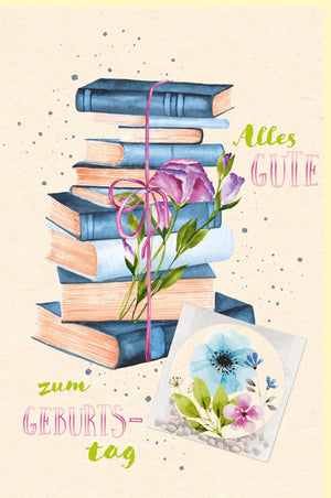 Geburtstagskarte Bücherstapel mit Blumen Aquarell Glückwunschkarte zum Geburtstag liebevolle Doppelkarte für Buchliebhaber florales Design