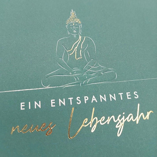 Geburtstagskarte Buddha Motiv entspanntes neues Lebensjahr stilvolle Glückwunschkarte Geburtstag Achtsamkeit Meditation grün elegant