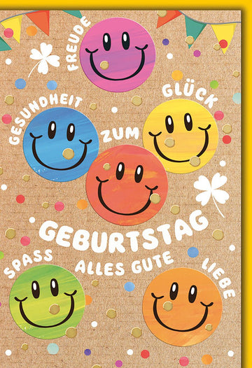 Geburtstagskarte Bunt – Fröhliche Smileys mit Glücks - und Gesundheitswünschen