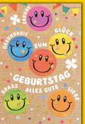 Geburtstagskarte Bunt – Fröhliche Smileys mit Glücks- und Gesundheitswünschen