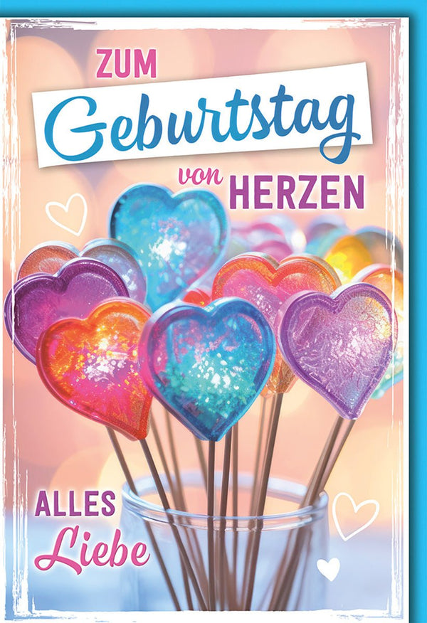 Geburtstagskarte Bunt – Herz-Lollis in leuchtenden Farben mit liebevollem Schriftzug