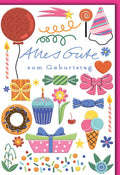 Geburtstagskarte Bunt – Luftballon und Cupcake mit verspielten Party-Elementen