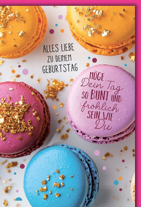 Geburtstagskarte Bunt – Macarons mit Goldflocken und fröhlichem Spruch in Pink