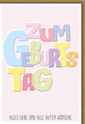 Geburtstagskarte Bunt – Pastellbuchstaben mit modernem Design und liebevollem Gruß