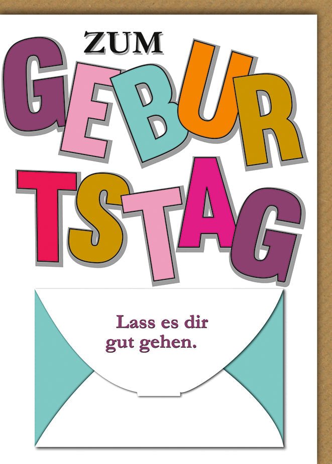 Geburtstagskarte Bunt – Pop - Art Buchstaben mit humorvollem Umschlagtext