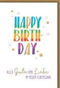 Geburtstagskarte Bunt – Regenbogen-Schrift mit Goldakzenten und verspieltem Design