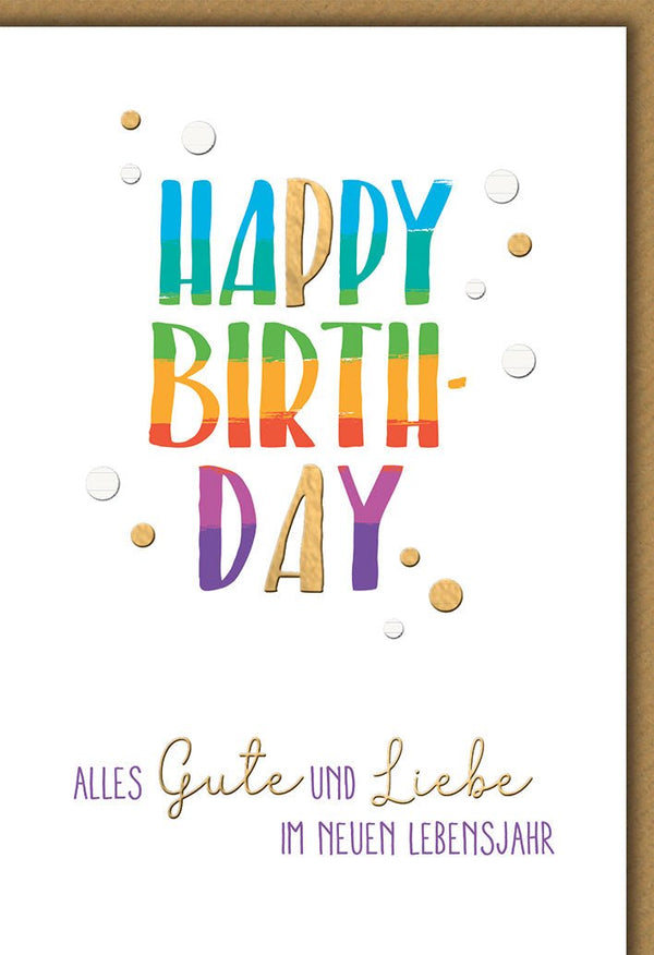 Geburtstagskarte Bunt – Regenbogen-Schrift mit Goldakzenten und verspieltem Design