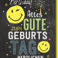 Geburtstagskarte Bunt – Smiley - Gesichter mit Kreide - Schrift auf schwarzem Hintergrund