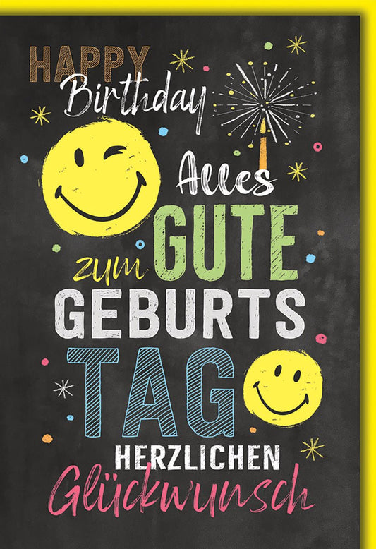 Geburtstagskarte Bunt – Smiley - Gesichter mit Kreide - Schrift auf schwarzem Hintergrund