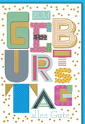 Geburtstagskarte Bunt – Verspielte Buchstaben mit Goldakzenten und modernem Design