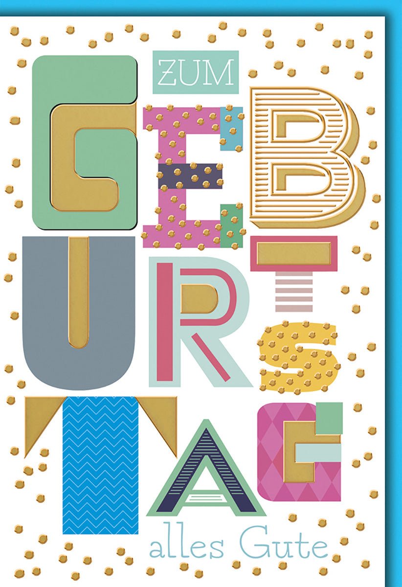 Geburtstagskarte Bunt – Verspielte Buchstaben mit Goldakzenten und modernem Design