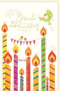 Geburtstagskarte - Bunte Glückwünsche mit Kerzen, Vögeln & Wimpelkette im Handlettering-Design für festliche Anlässe