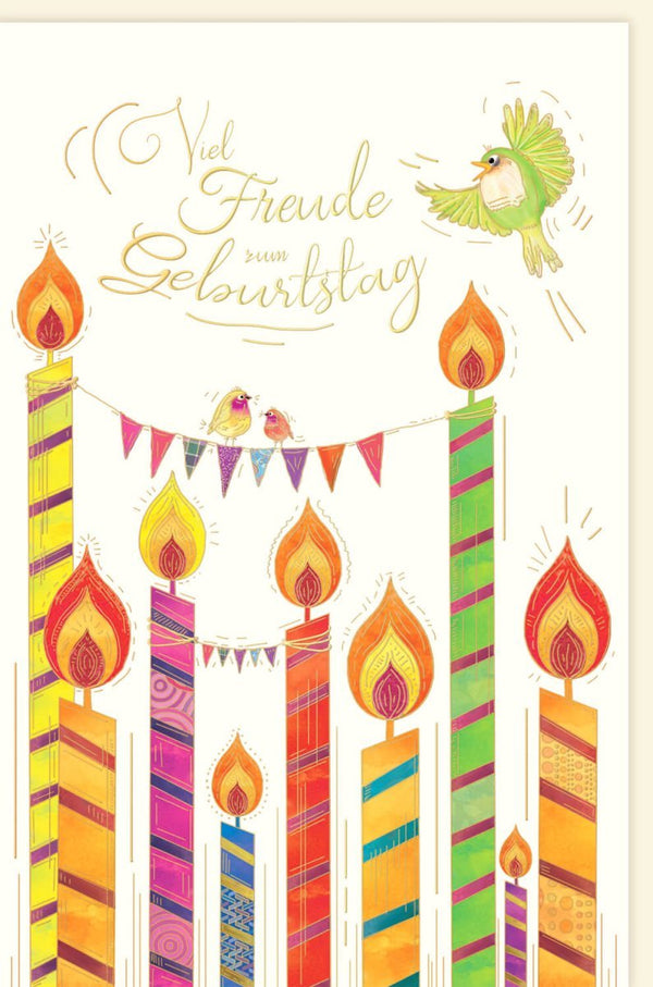 Geburtstagskarte - Bunte Glückwünsche mit Kerzen, Vögeln & Wimpelkette im Handlettering-Design für festliche Anlässe
