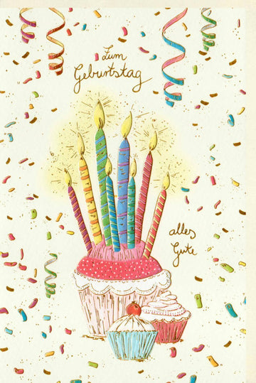Geburtstagskarte - Bunte Glückwünsche mit Torte, Kerzen & Konfetti für Party & Feier