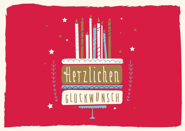 Geburtstagskarte: Bunte Glückwunschkarte mit Kerzen, Sternen und Blumenmuster für Geburtstagskinder