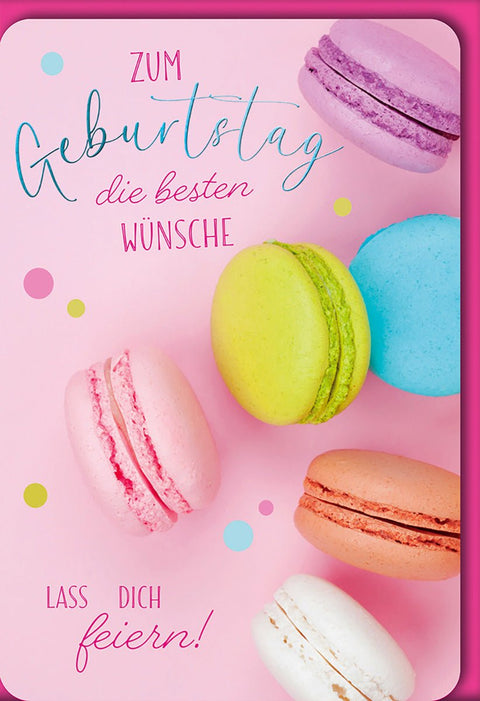 Geburtstagskarte Bunte Macarons – Pastellfarben mit verspieltem Schriftzug und Punkten