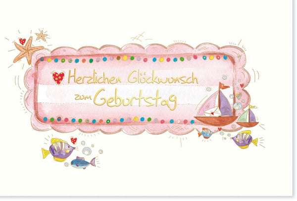 Geburtstagskarte - Bunte Ozeanwelt mit Meerjungfrau, Segelboot & Fischen - Seestern Illustration