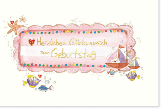 Geburtstagskarte - Bunte Ozeanwelt mit Meerjungfrau, Segelboot & Fischen - Seestern Illustration