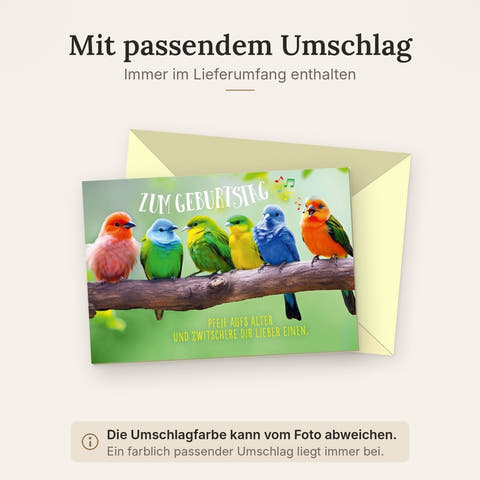 Geburtstagskarte bunte Vögel auf Ast fröhlich mit Spruch Pfeif aufs Alter und zwitschere dir lieber einen originelle Glückwunschkarte