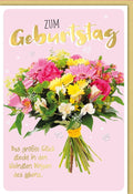 Geburtstagskarte: Bunter Blumenstrauß mit goldener Schrift auf rosa Hintergrund - Das größte Glück in kleinen Dingen