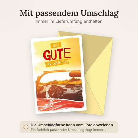 Geburtstagskarte "Cabrio Sunset" - Vintage Design für Auto- und Oldtimer-Liebhaber, stilvolle Karte in warmen Rot- und Gelbtönen, ideal für Sammler.