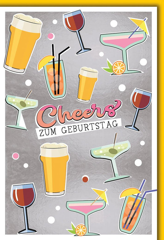 Geburtstagskarte Cheers – Bunte Cocktailgläser auf grauem Hintergrund mit Pop - Art - Stil