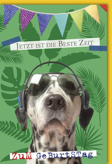 Geburtstagskarte Dalmatiner mit Brille - Humorvolle Hundeparty, Musik & Spaß, Tierische Grüße