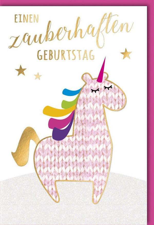 Geburtstagskarte Einhorn - Magische Glückwünsche für Mädchen, Rosa Gold mit Sternen, Fantasy Party Einladung, Glitzernde Feier