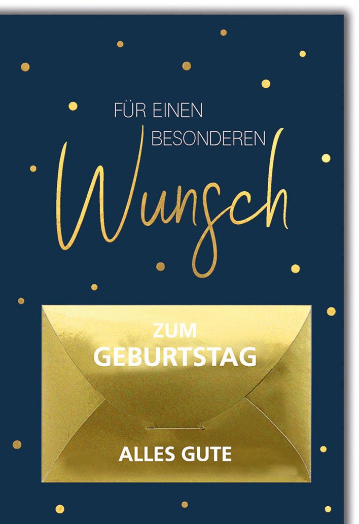 Geburtstagskarte Elegant – Goldene Punkte mit Umschlag auf Dunkelblauem Hintergrund